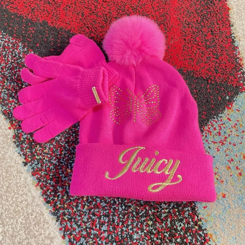 Juicy Couture Girls Pink Beanie Hat & Gloves Set Pom Pom Winter
